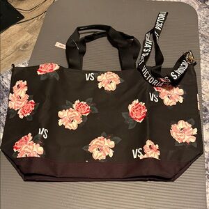Victoria's Secret Black Tote with Pink Floral Design